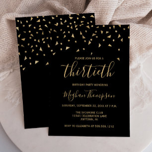 Gold Confetti on Black 30th Birthday Party Invitation