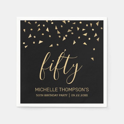 Gold Confetti on Black 50th Birthday Party Napkins