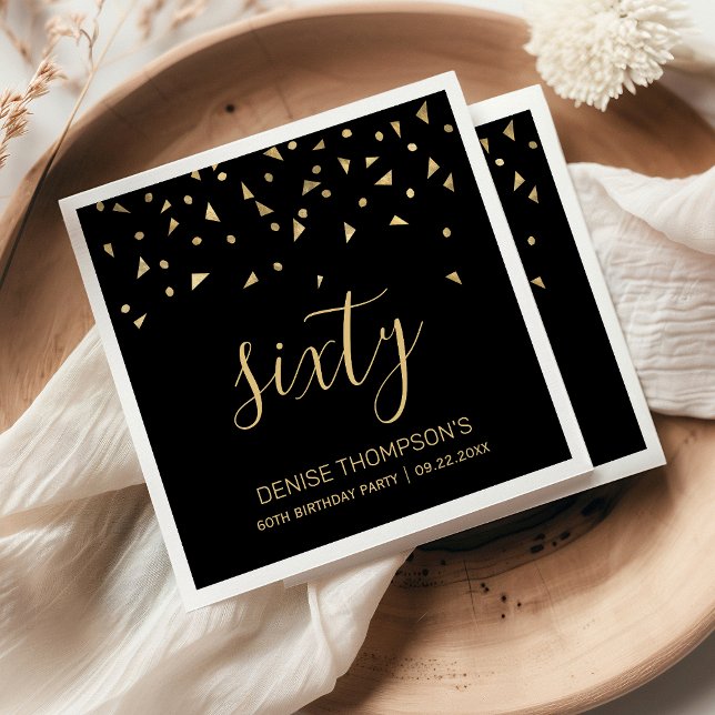 Gold Confetti on Black 60th Birthday Party Napkins (Creator Uploaded)
