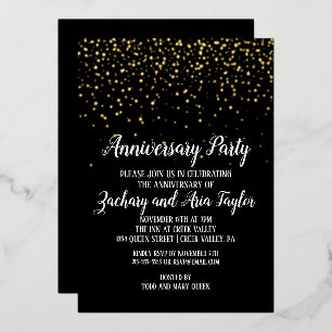 Gold Confetti on Black Anniversary Party Gold Foil Invitation