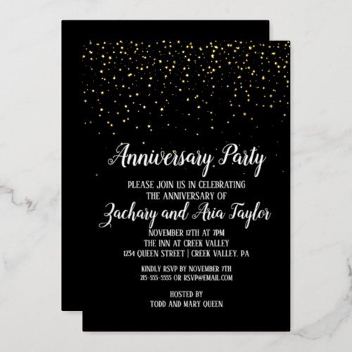 Gold Confetti on Black Anniversary Party Gold Foil Invitation