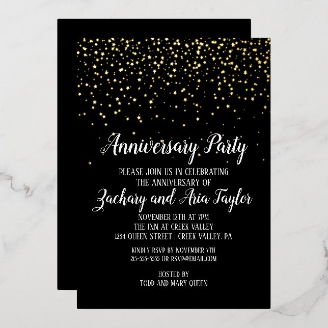 Gold Confetti on Black Anniversary Party Gold Foil Invitation (Front/Back)