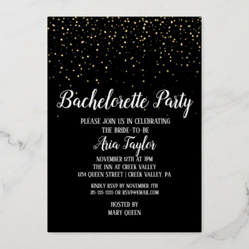 Gold Confetti on Black Bachelorette Party Gold Foil Invitation