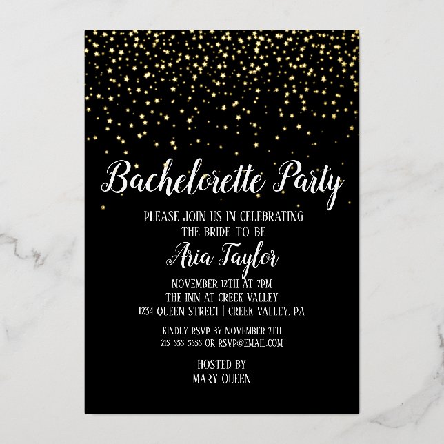 Gold Confetti on Black Bachelorette Party Gold Foil Invitation (Front)