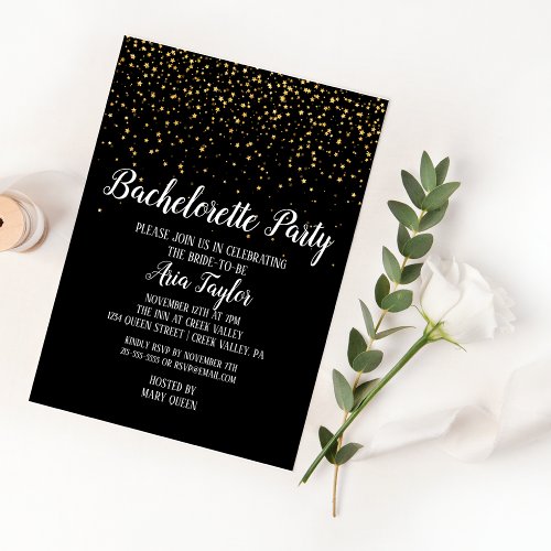 Gold Confetti on Black Bachelorette Party Invitation