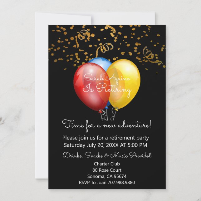Gold Confetti On Black & Balloons Retirement Party Invitation (Front)
