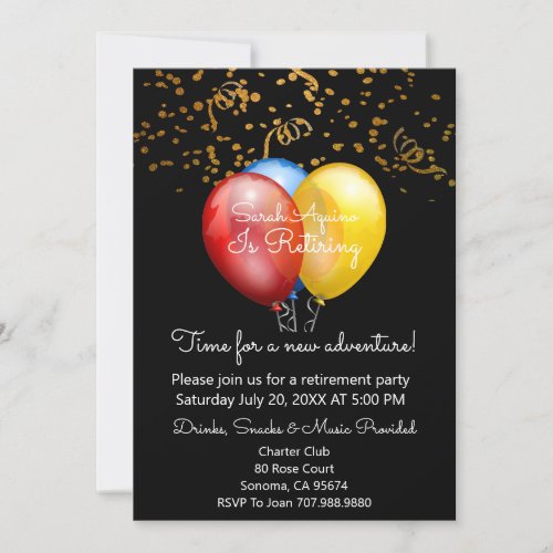 Gold Confetti On Black  Balloons Retirement Party Invitation