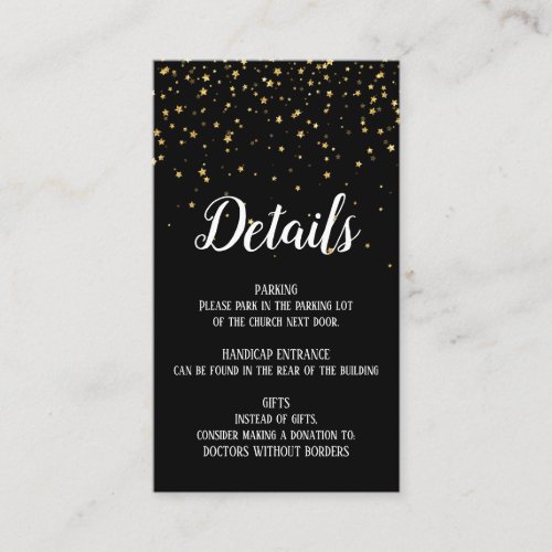 Gold Confetti on Black Birthday Details Card