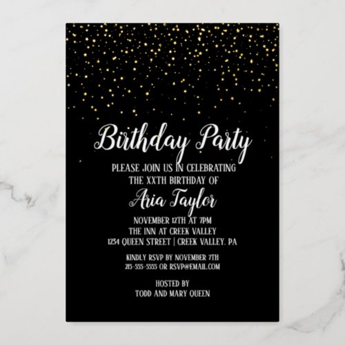 Gold Confetti on Black Birthday Party Gold Foil Invitation