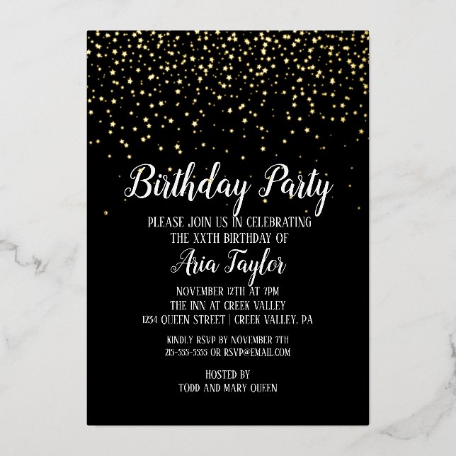 Gold Confetti on Black Birthday Party Gold Foil Invitation (Front)