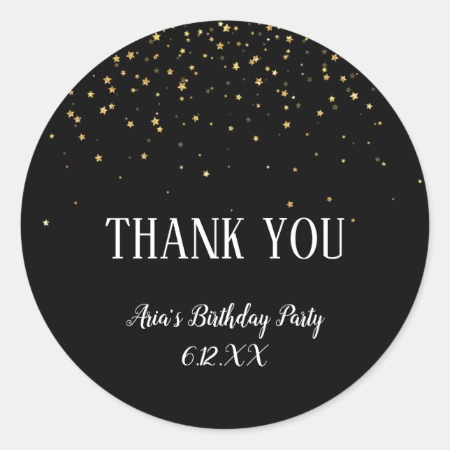 Gold Confetti on Black Birthday Thank You Sticker (Front)