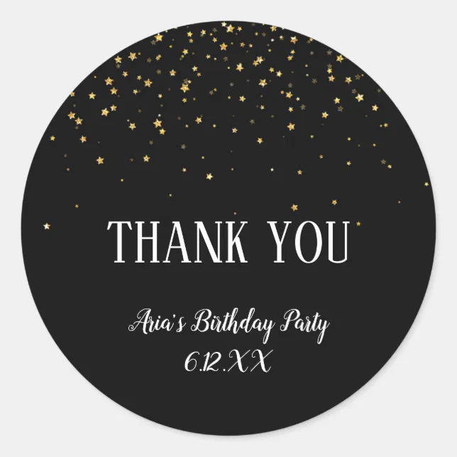 Gold Confetti on Black Birthday Thank You Sticker | Zazzle