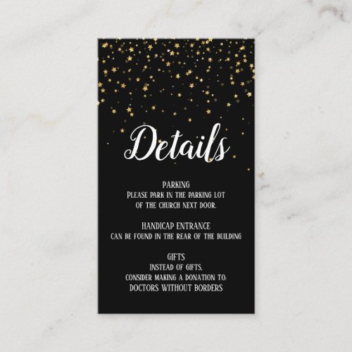 Gold Confetti on Black Engagement Details Card