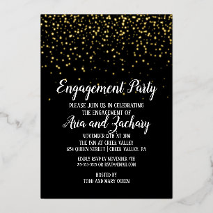 Gold Confetti on Black Engagement Party Gold Foil Invitation
