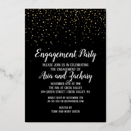 Gold Confetti on Black Engagement Party Gold Foil Invitation