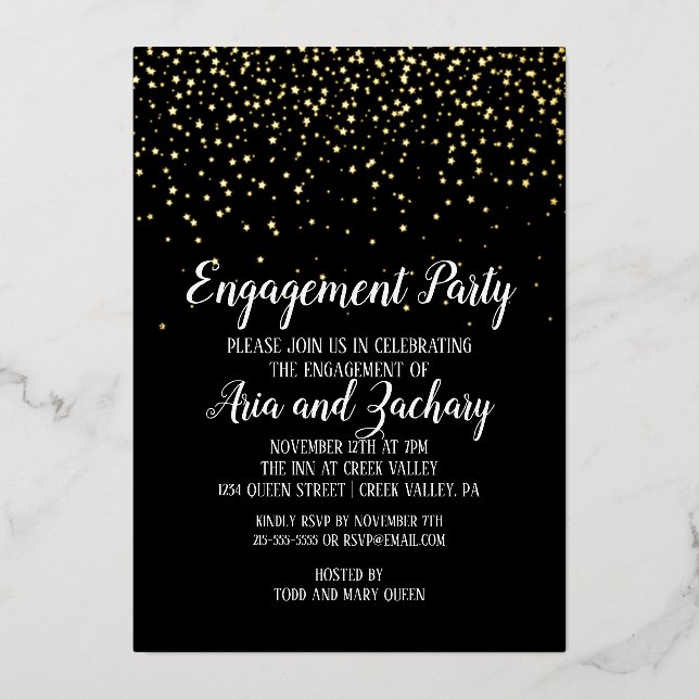 Gold Confetti on Black Engagement Party Gold Foil Invitation (Front)