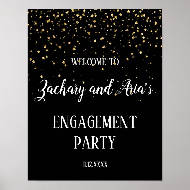 Gold Confetti on Black Engagement Party Welcome Poster (Front)