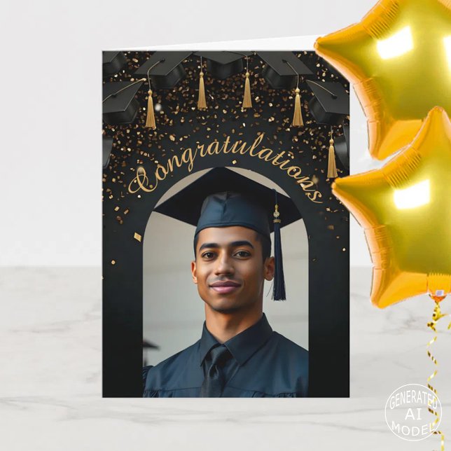 Gold Confetti on Black Graduation Caps Photo Arch Card (Creator Uploaded)