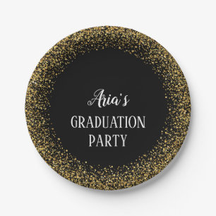 Gold Confetti on Black Graduation Party Plates