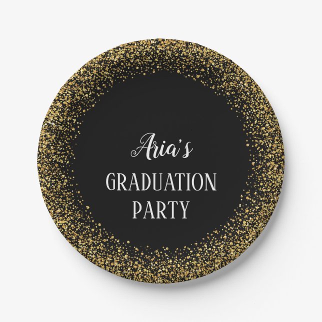 Gold Confetti on Black Graduation Party Plates (Front)