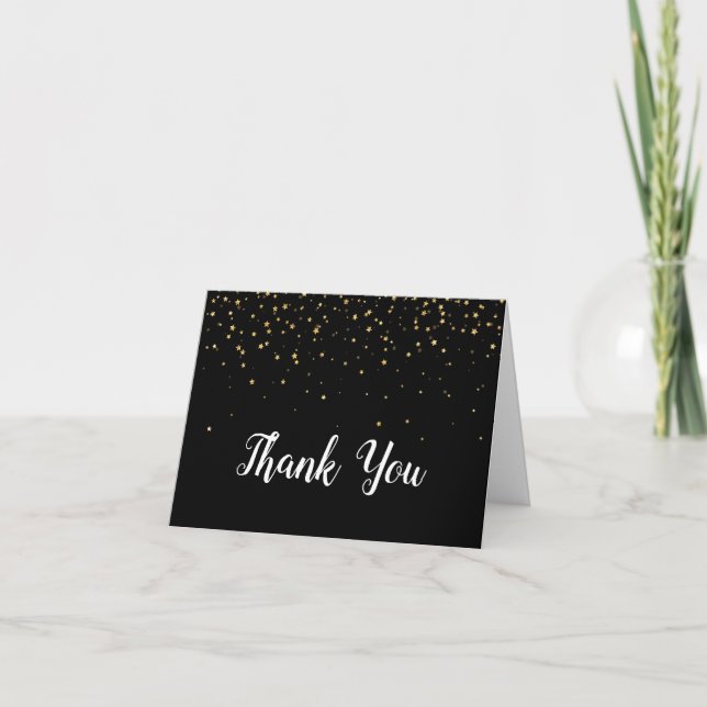 Gold Confetti on Black Graduation Thank You Card (Front)