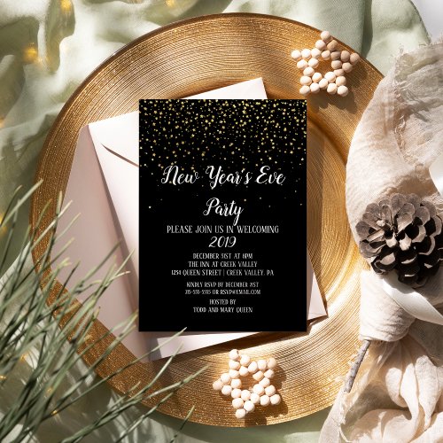 Gold Confetti on Black New Years Eve Invitation