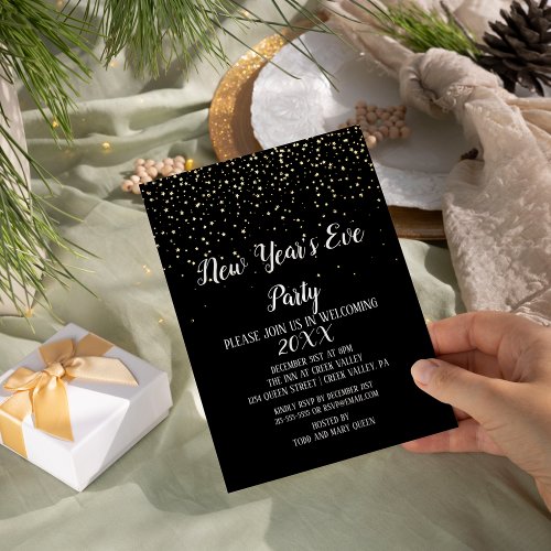 Gold Confetti on Black New Years Eve Party Gold Foil Invitation