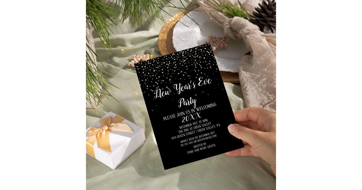 Gold Confetti on Black New Year's Eve Party Gold Foil Invitation | Zazzle