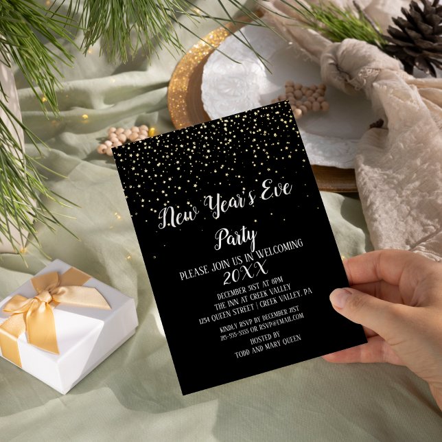 Gold Confetti on Black New Year's Eve Party Gold Foil Invitation (Creator Uploaded)
