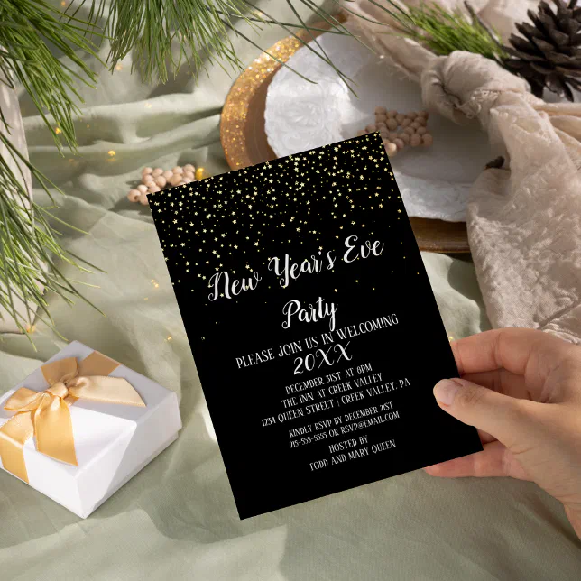 Gold Confetti on Black New Year's Eve Party Gold Foil Invitation | Zazzle