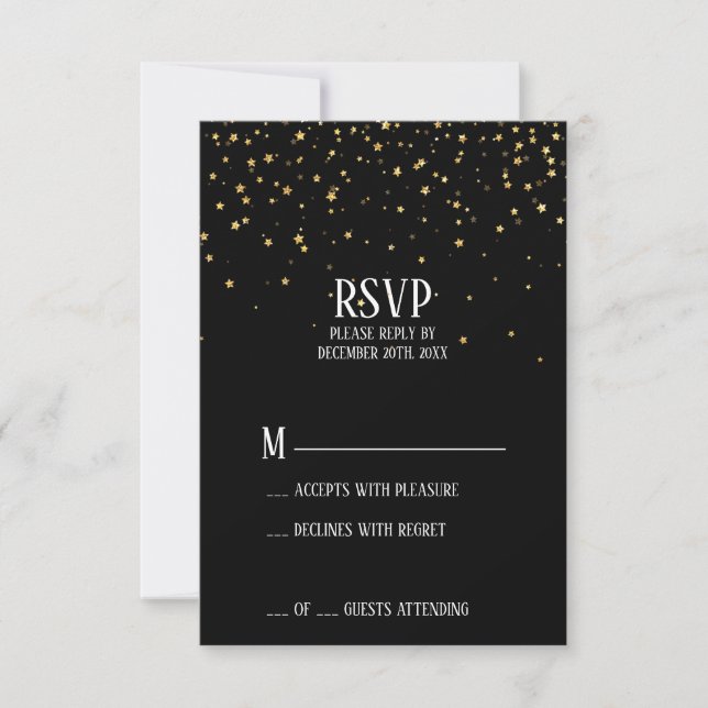 Gold Confetti on Black New Year's Eve RSVP Card (Front)