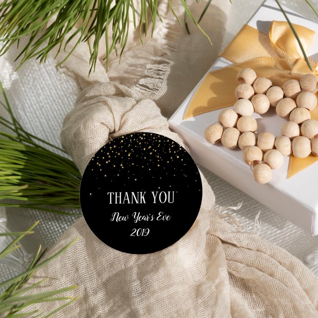 Gold Confetti on Black New Year's Thank You Favor Classic Round Sticker (Creator Uploaded)