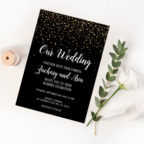 Gold Confetti on Black Our Wedding Invitation