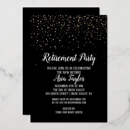 Gold Confetti on Black Retirement Party Gold Foil Invitation
