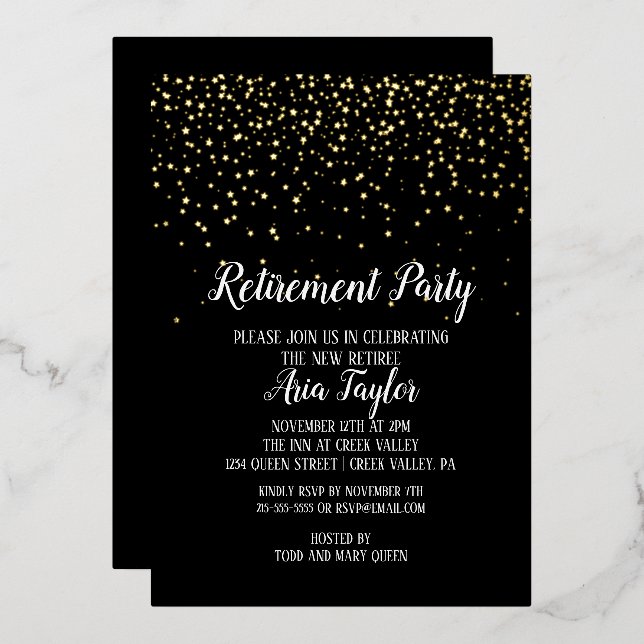 Gold Confetti on Black Retirement Party Gold Foil Invitation (Front/Back)