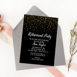 Gold Confetti on Black Retirement Party Invitation