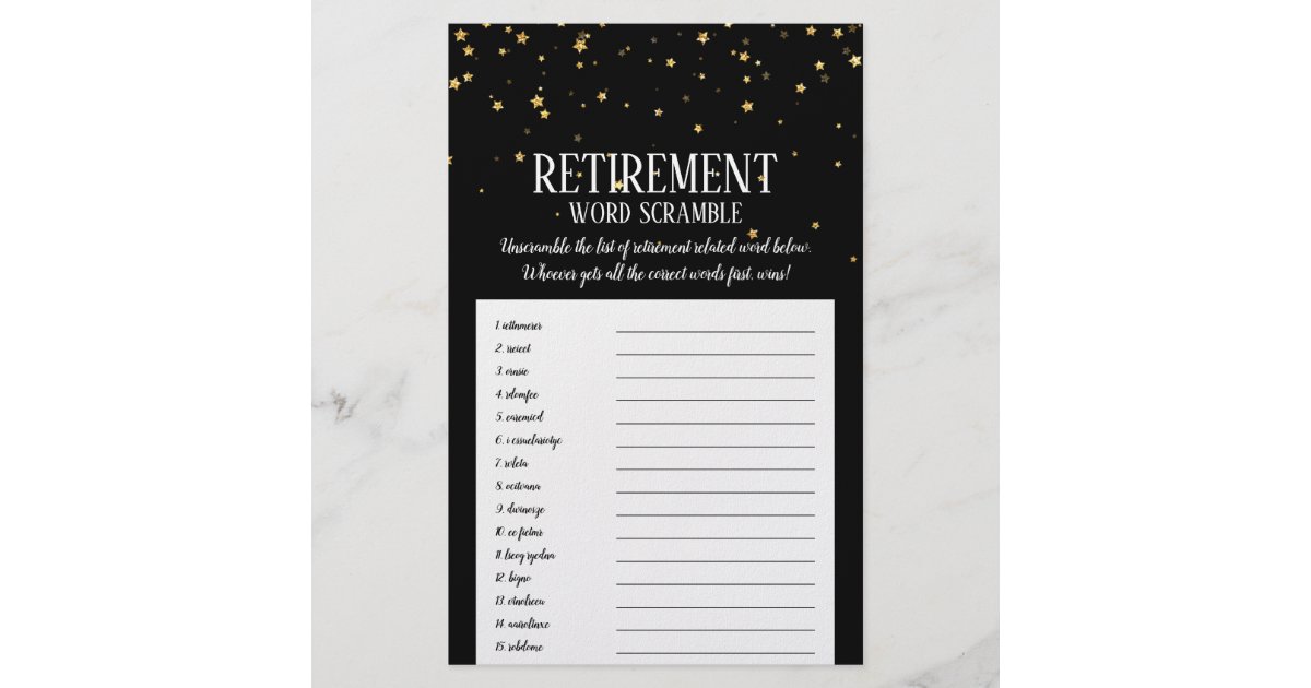 Gold Confetti On Black Retirement Word Scramble Flyer