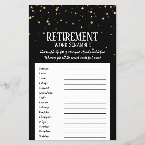 Gold Confetti on Black Retirement Word Scramble Flyer
