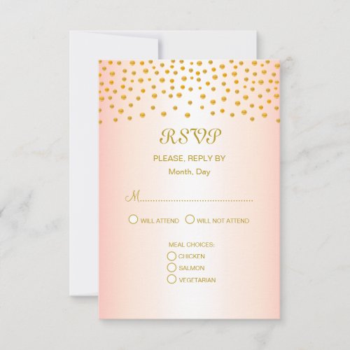 Gold Confetti on Black  Rose Gold Wedding RSVP Card