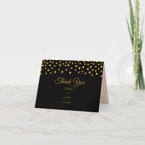 Gold Confetti on Black  Rose Gold Wedding Thank You Card