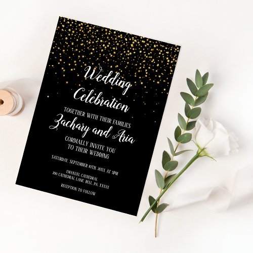 Gold Confetti on Black Wedding Celebration Wedding Invitation
