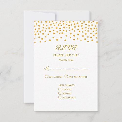 Gold Confetti on Black  White Wedding RSVP Card