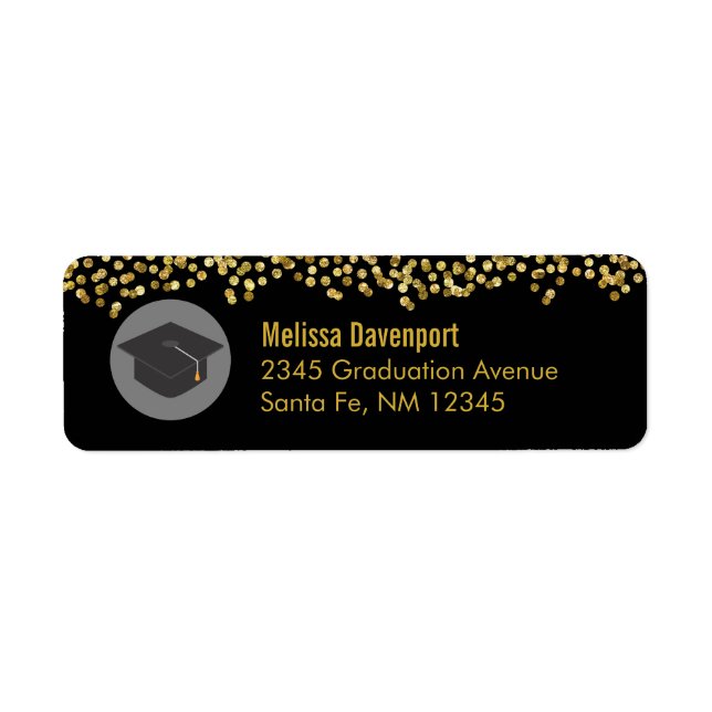 Gold Confetti on Black with Graduation Cap Label (Front)