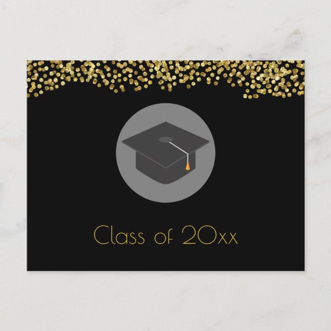 Gold Confetti on Black with Graduation Cap Party Invitation Postcard (Front)