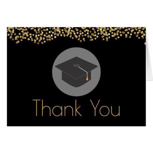 Gold Confetti on Black with Graduation Cap Thanks (Front Horizontal)