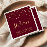 Gold Confetti on Burgundy 16th Birthday Party Napkins<br><div class="desc">Help them celebrate their 16th birthday in style with this simple but elegant design, featuring faux gold triangular confetti sifting down on the word "eighteen" in stylish gold handwriting font on a burgundy red background. Personalize it with the name of the honoree in gold sans serif font, along with the...</div>