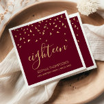 Gold Confetti on Burgundy 18th Birthday Party Napkins<br><div class="desc">Help them celebrate their 18th birthday in style with this simple but elegant design, featuring faux gold triangular confetti sifting down on the word "eighteen" in stylish gold handwriting font on a burgundy red background. Personalize it with the name of the honoree in gold sans serif font, along with the...</div>