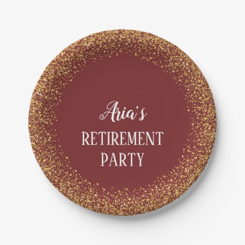 Gold Confetti on Burgundy Retirement Party Plates