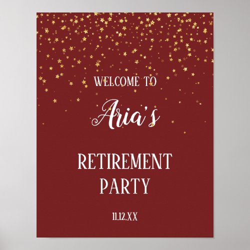 Gold Confetti on Burgundy Retirement Party Welcome Poster