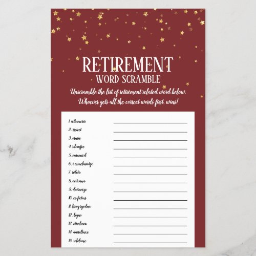 Gold Confetti on Burgundy Retirement Word Scramble Flyer